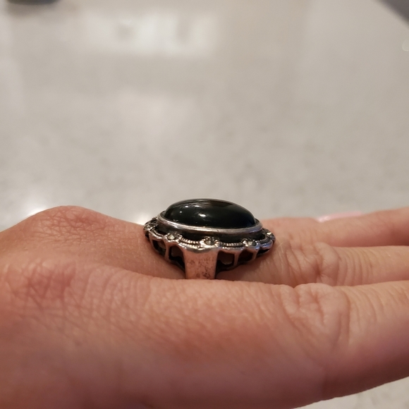 Black Gem Rhinestone Statement Ring Ornate Artsy Glam Classic Cocktail Party - Picture 2 of 9